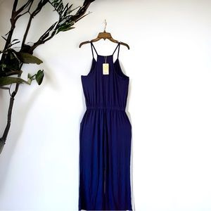 Thanks Navy Thin Traps Solid Women’s Trousers jumpsuit Size L